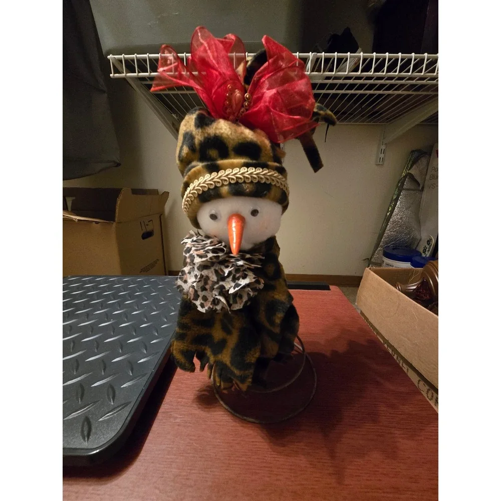 Leopard Print Plush Snowman Figurine‎ Red Bow Metal Spring Base Holiday Decor